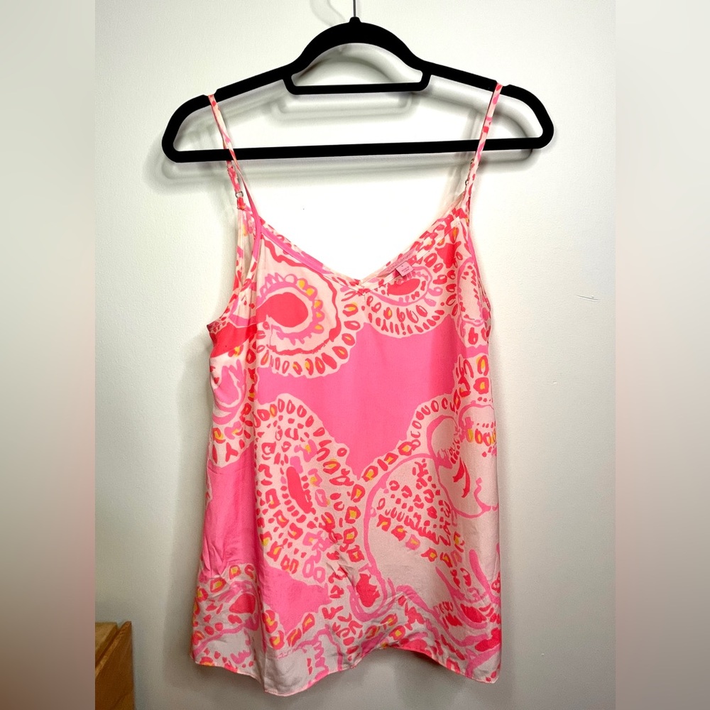 Lilly Pulitzer Pink 100% Silk Elephant Spaghetti Strap Cami / Tank Top / Small
